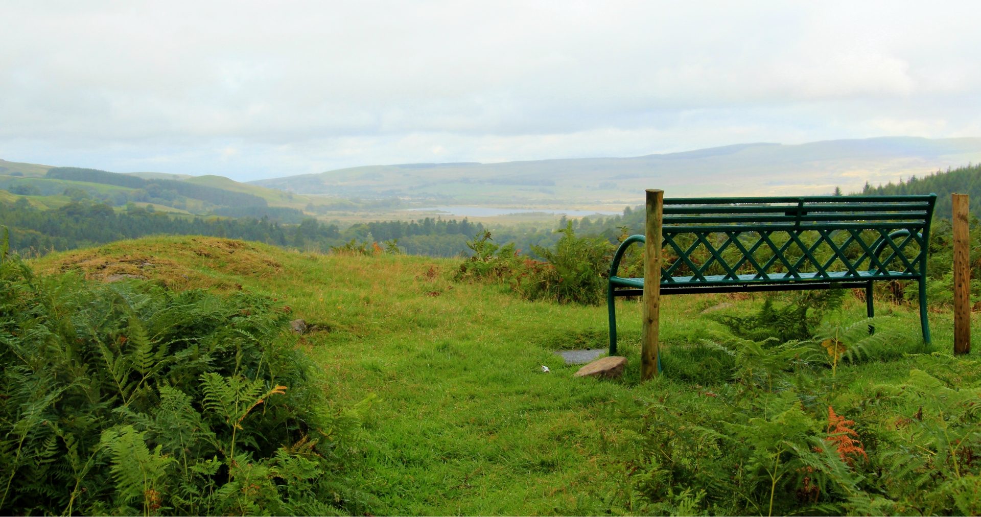 bench on hill overlooking a scenic view of trees, water and hills