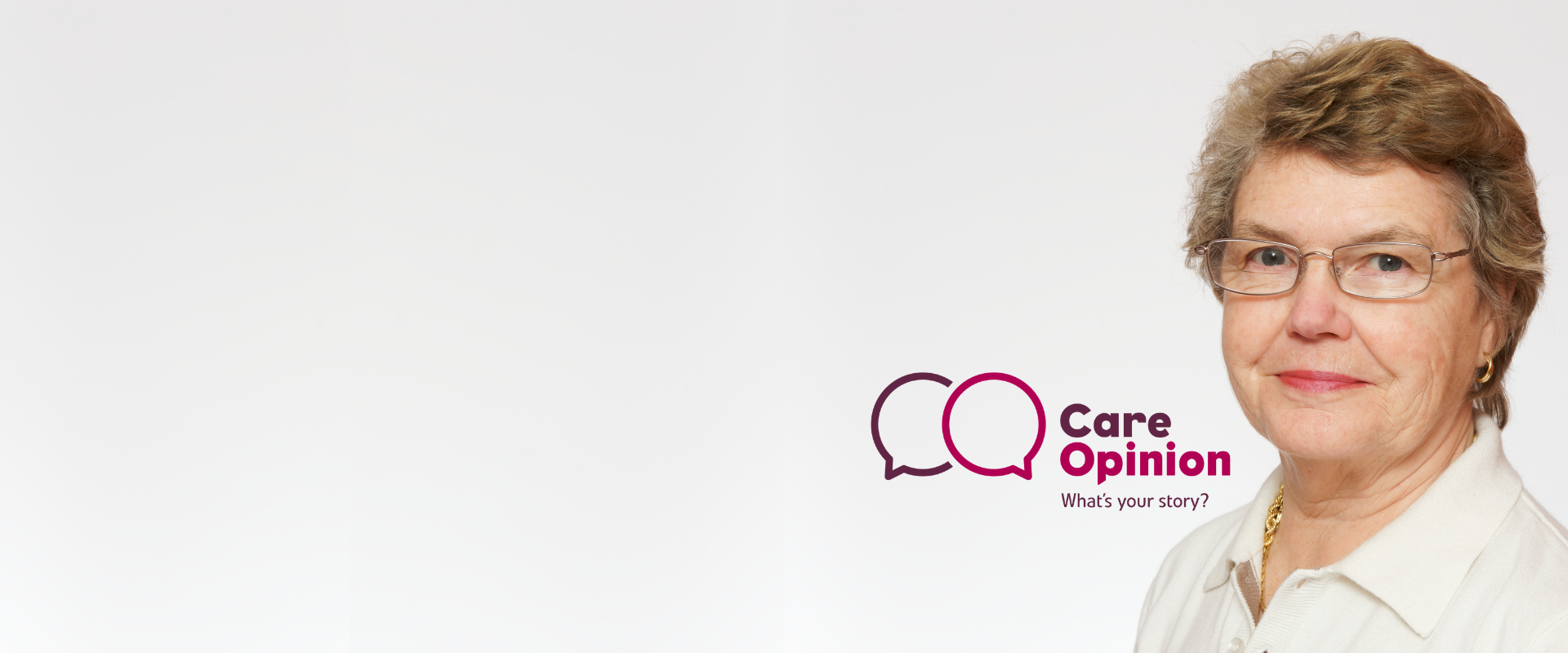 Woman facing camera, care opinion logo