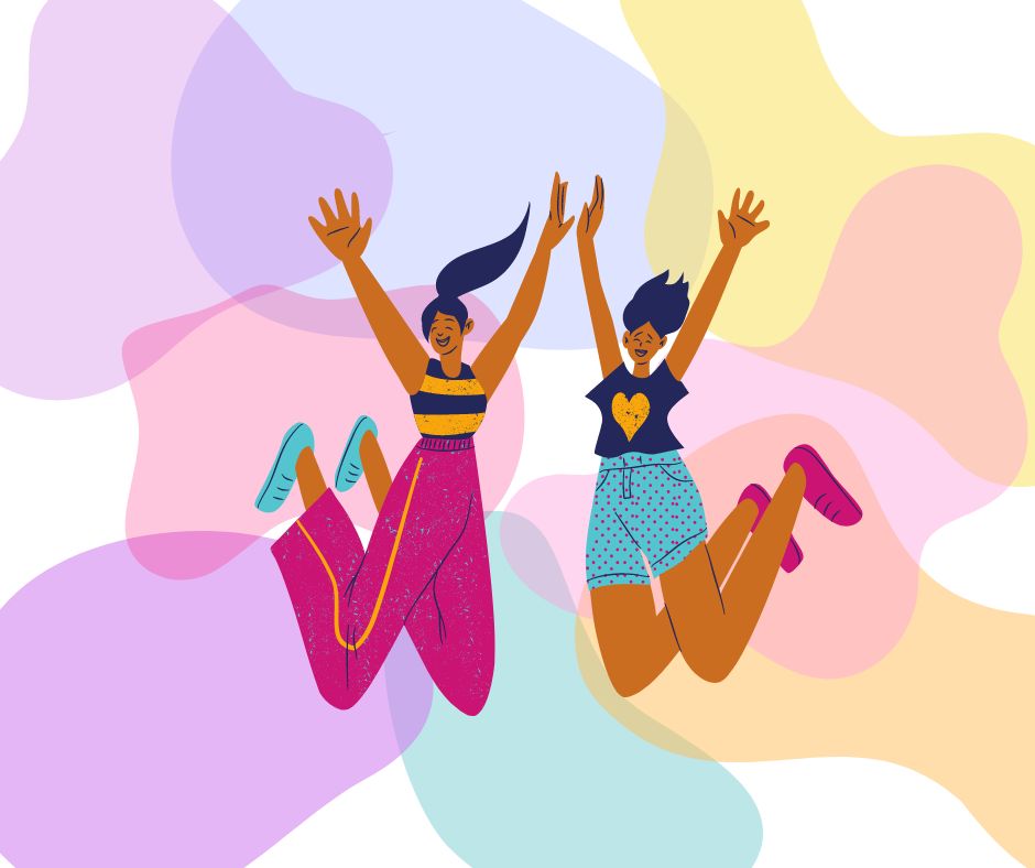 Two cartoon people jumping for joy against a background of colourful blob shapes