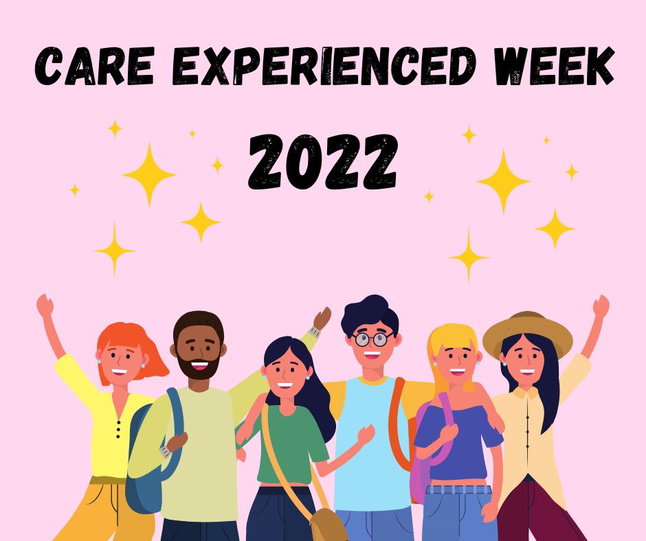 Crowd of cartoon people cheering and celebrating with the text above: 'Care Experienced Week 2022'.