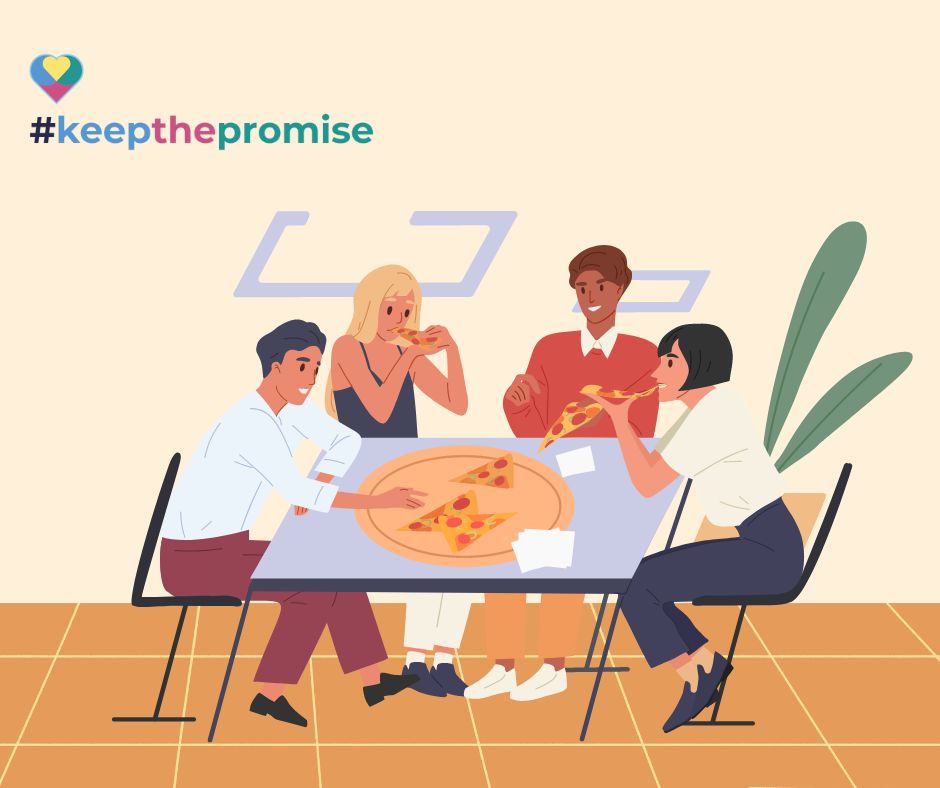 Illustration of people sitting together and eating pizza