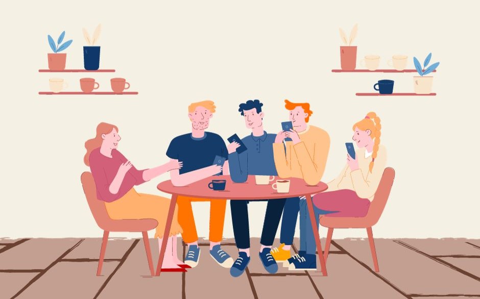 colourful illustratrion of a group of young people sitting together around a table